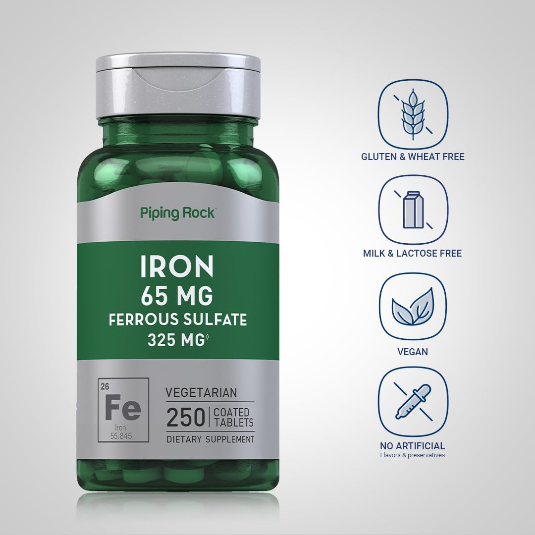 Piping Rock Iron 65mg Ferrous Sulfate | 250 Tablets | High Potency | Pack of 2