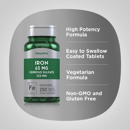 Piping Rock Iron 65mg Ferrous Sulfate | 250 Tablets | High Potency | Pack of 2