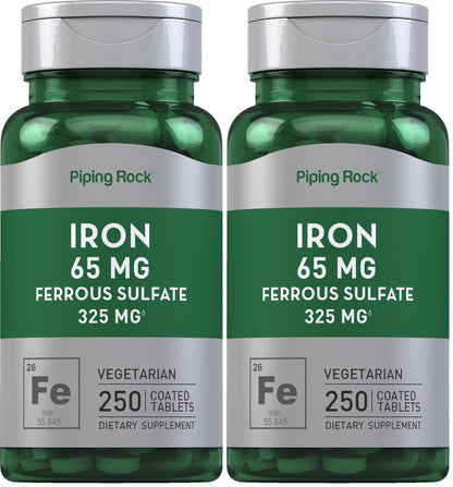 Piping Rock Iron 65mg Ferrous Sulfate | 250 Tablets | High Potency | Pack of 2