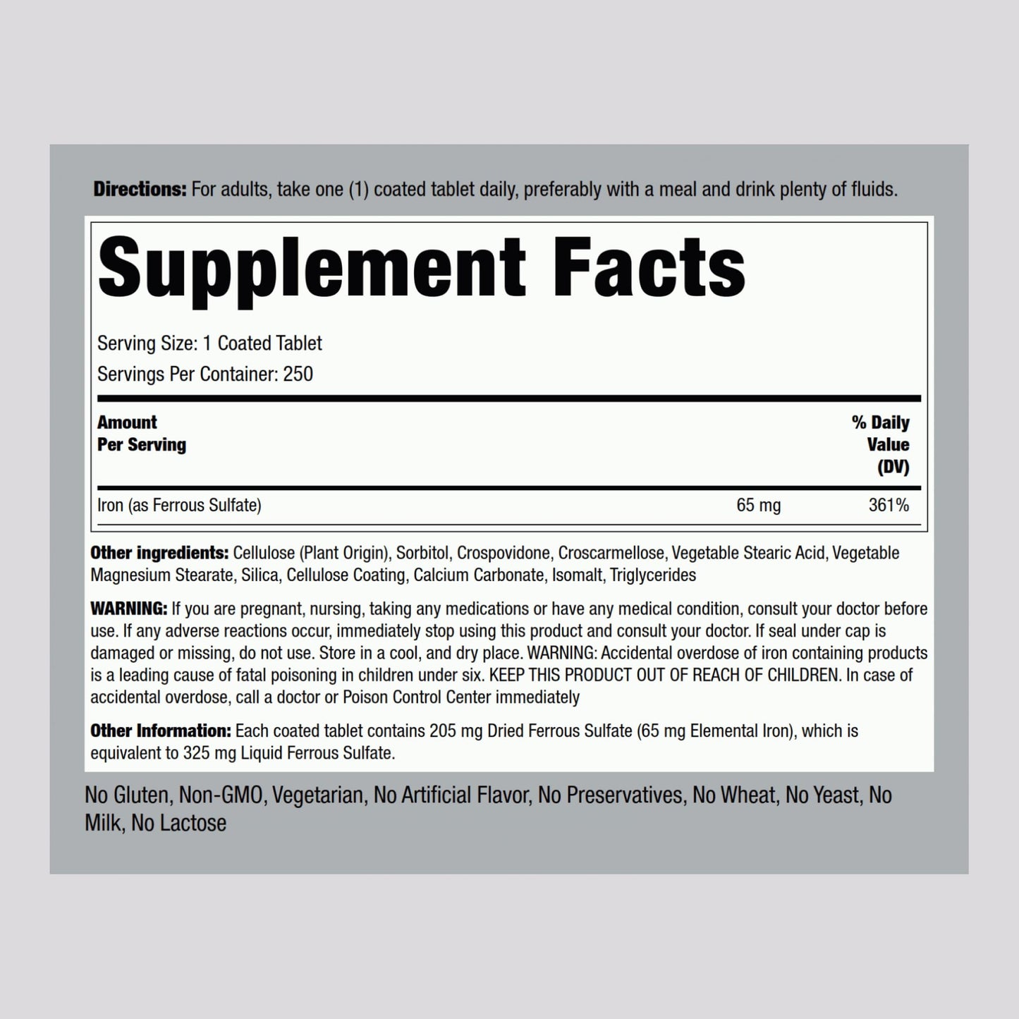 Piping Rock Iron 65mg Ferrous Sulfate | 250 Tablets | High Potency | Pack of 2