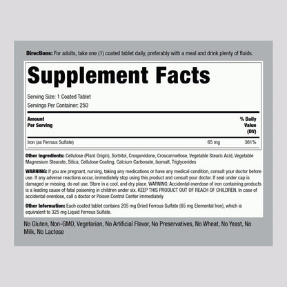 Piping Rock Iron 65mg Ferrous Sulfate | 250 Tablets | High Potency | Pack of 2