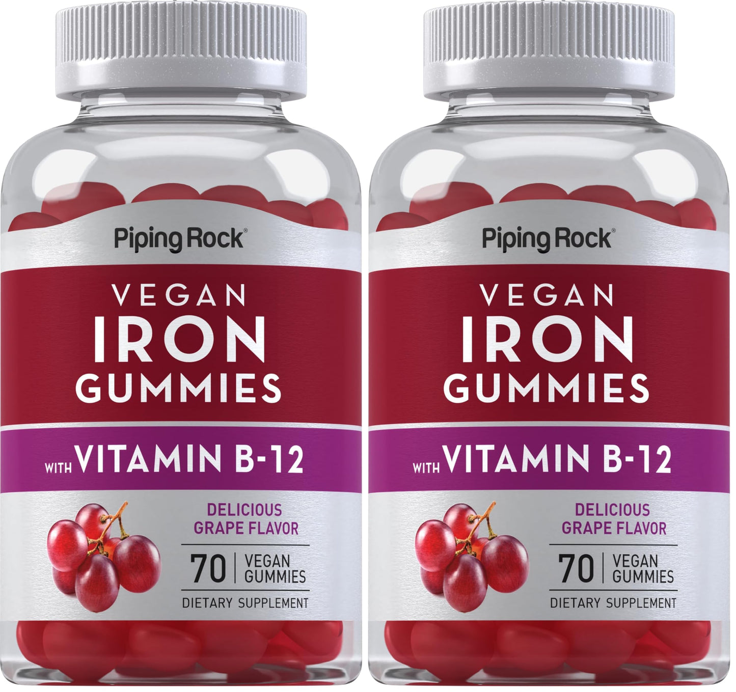 Piping Rock Iron Gummies – 70 Count, B12, Grape Flavor, Vegan & Gluten Free (2 Pack)