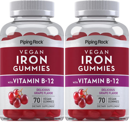 Piping Rock Iron Gummies – 70 Count, B12, Grape Flavor, Vegan & Gluten Free (2 Pack)