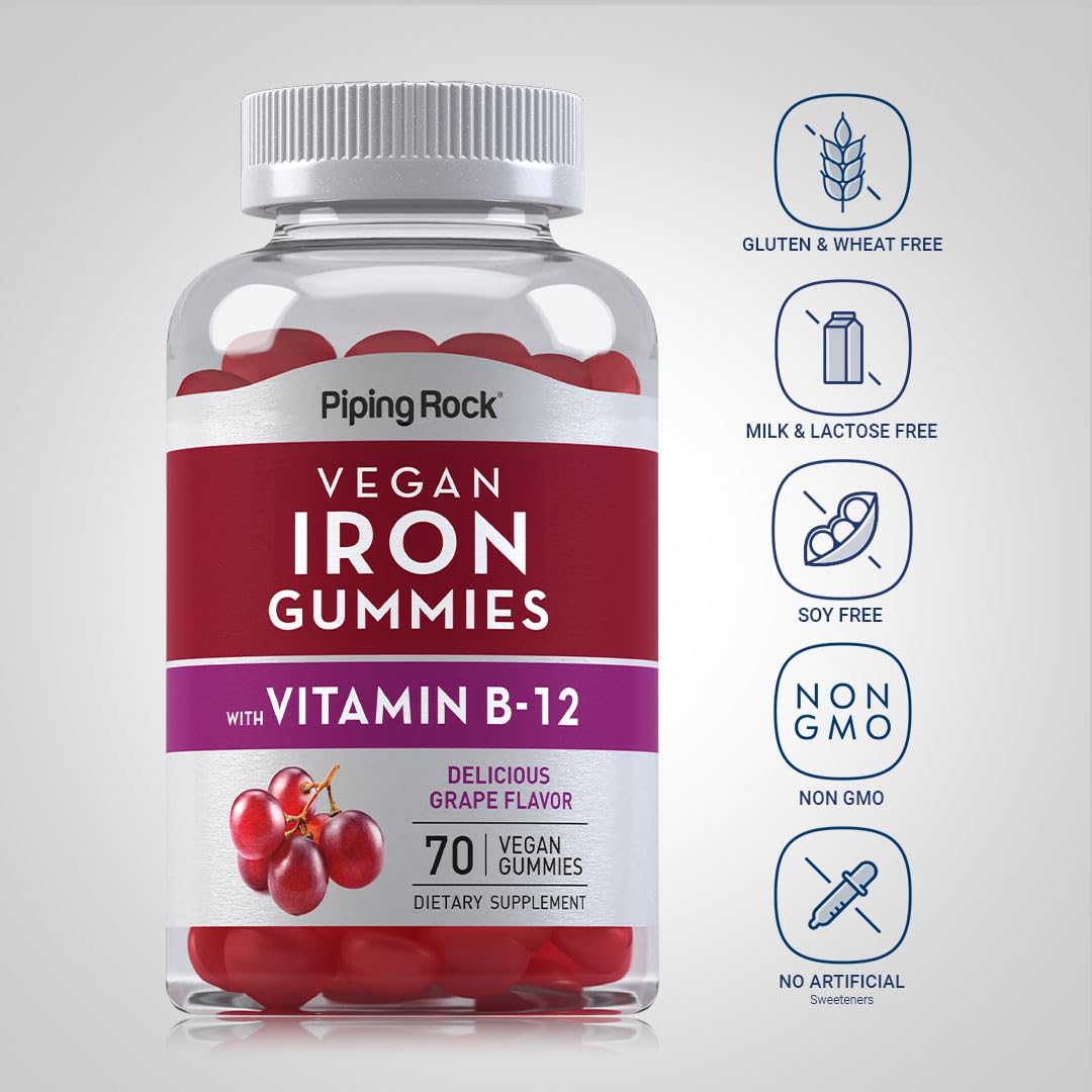 Piping Rock Iron Gummies – 70 Count, B12, Grape Flavor, Vegan & Gluten Free (2 Pack)