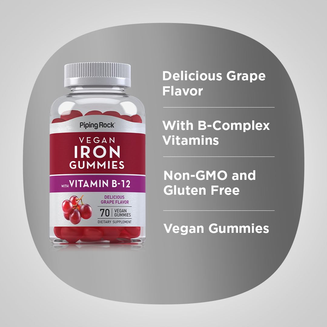 Piping Rock Iron Gummies – 70 Count, B12, Grape Flavor, Vegan & Gluten Free (2 Pack)