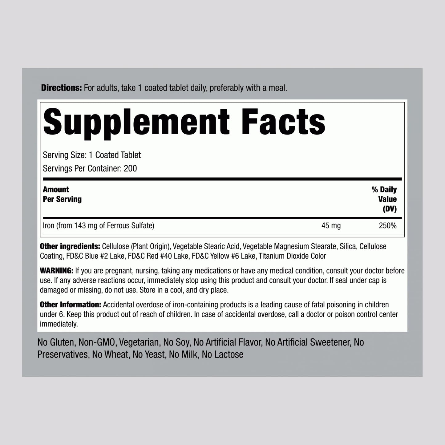 Piping Rock Iron Supplement 45 mg – 200 Tablets – Slow Release Ferrous Sulfate – Vegetarian, Non-GMO & Gluten Free (Pack of 2) | For Women & Men