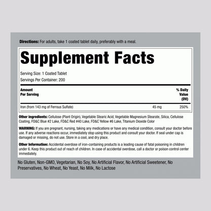 Piping Rock Iron Supplement 45 mg – 200 Tablets – Slow Release Ferrous Sulfate – Vegetarian, Non-GMO & Gluten Free (Pack of 2) | For Women & Men