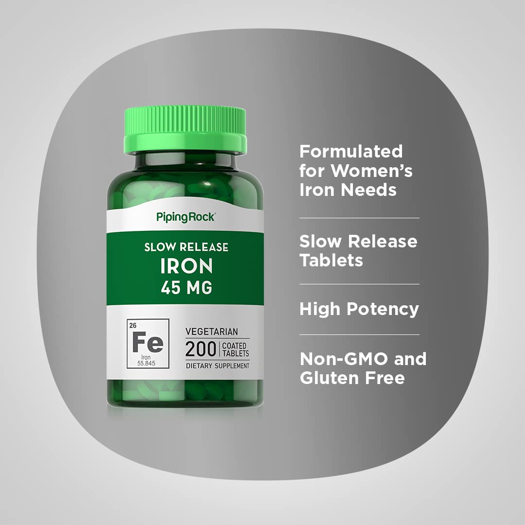 Piping Rock Iron Supplement 45 mg – 200 Tablets – Slow Release Ferrous Sulfate – Vegetarian, Non-GMO & Gluten Free (Pack of 2) | For Women & Men