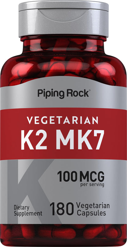 Piping Rock K2 MK7 Vitamin Supplement 100 mcg – 180 Vegetarian Capsules – Non-GMO, Gluten Free