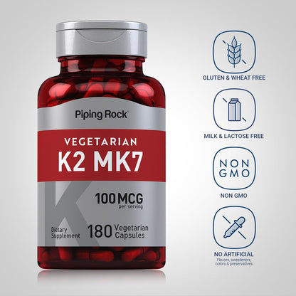Piping Rock K2 MK7 Vitamin Supplement 100 mcg – 180 Vegetarian Capsules – Non-GMO, Gluten Free