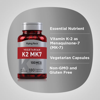 Piping Rock K2 MK7 Vitamin Supplement 100 mcg | 180 Vegetarian Capsules | Pack of 2
