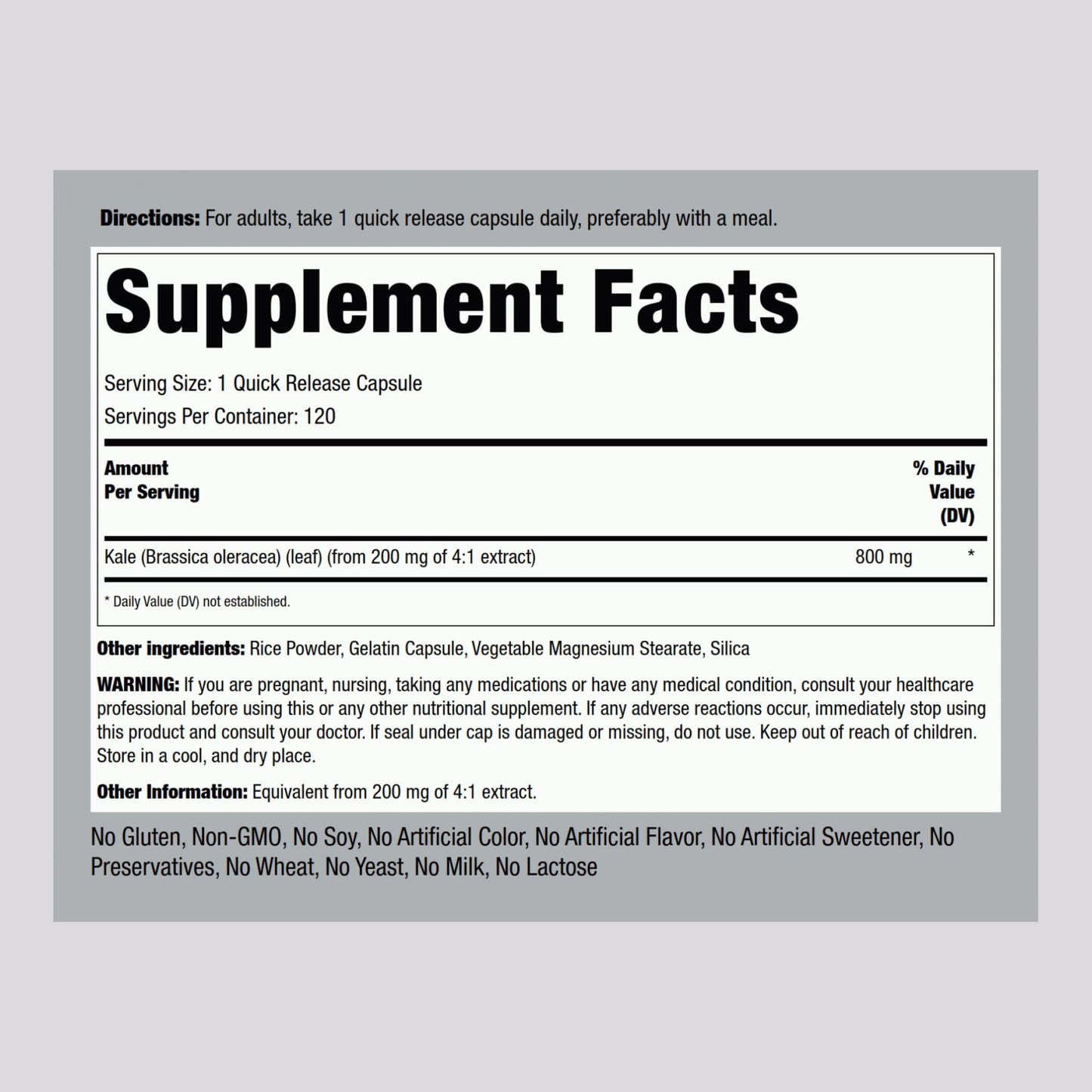 Piping Rock Kale Extract Capsules 800mg – 120 Count, Gluten Free & Non-GMO