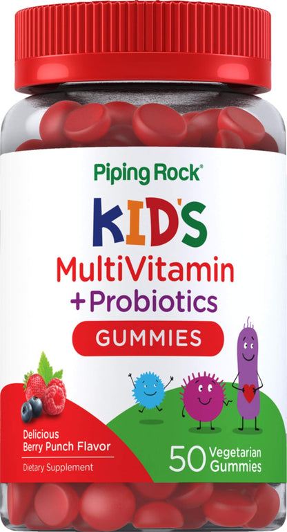 Piping Rock Kid's Multivitamin & Probiotic Gummies – Berry Punch, 50 Gummies | Vegetarian, Non-GMO, Gluten Free
