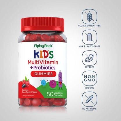 Piping Rock Kid's Multivitamin & Probiotic Gummies – Berry Punch, 50 Gummies | Vegetarian, Non-GMO, Gluten Free