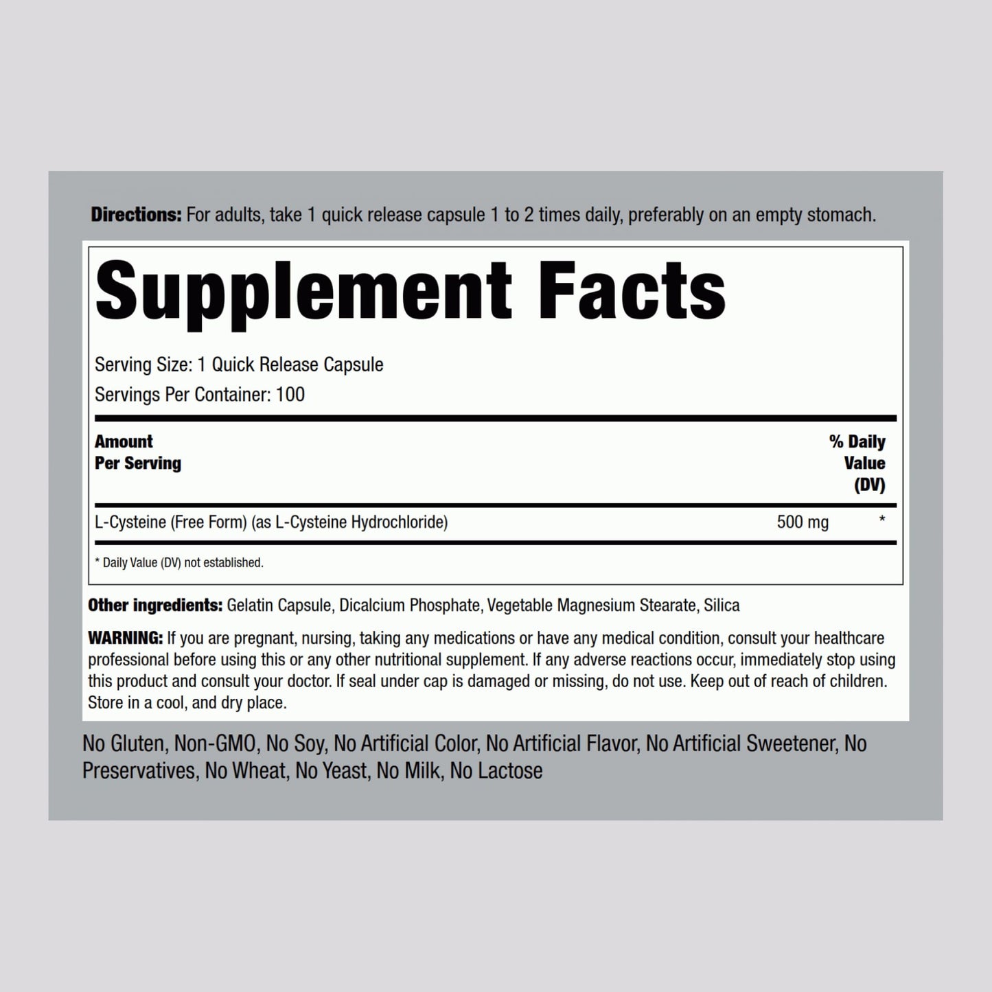 Piping Rock L-Cysteine 500 mg – 100 Capsules | Free Form, Non-GMO & Gluten Free