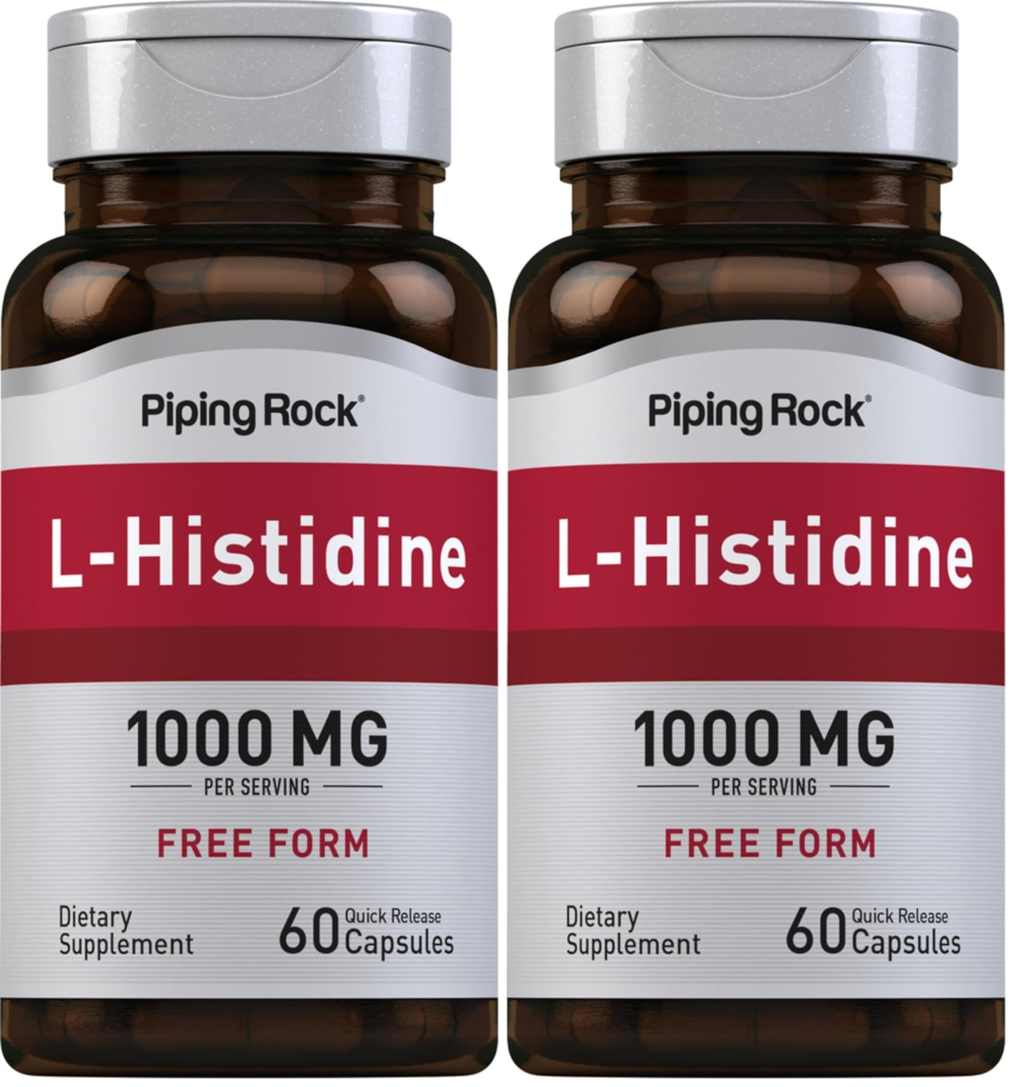 Piping Rock L-Histidine 1000 mg | 60 Capsules | Free Form Supplement | Non-GMO, Gluten Free (Pack of 2)