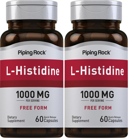 Piping Rock L-Histidine 1000 mg | 60 Capsules | Free Form Supplement | Non-GMO, Gluten Free (Pack of 2)