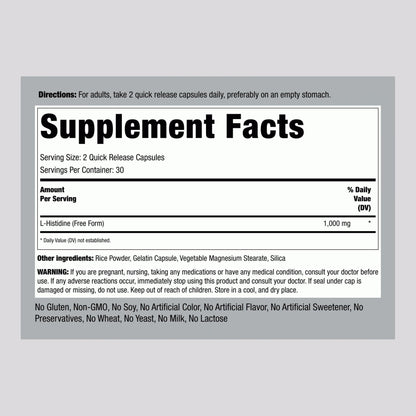 Piping Rock L-Histidine 1000 mg | 60 Capsules | Free Form Supplement | Non-GMO, Gluten Free (Pack of 2)