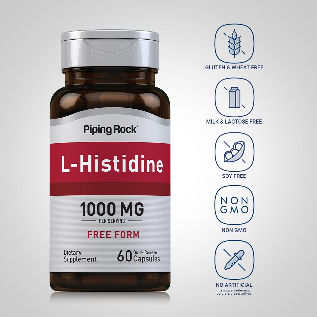 Piping Rock L-Histidine 1000 mg | 60 Capsules | Free Form Supplement | Non-GMO, Gluten Free (Pack of 2)
