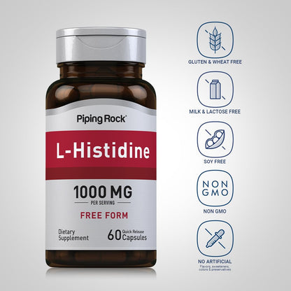 Piping Rock L-Histidine 1000 mg | 60 Capsules | Free Form Supplement | Non-GMO, Gluten Free (Pack of 2)
