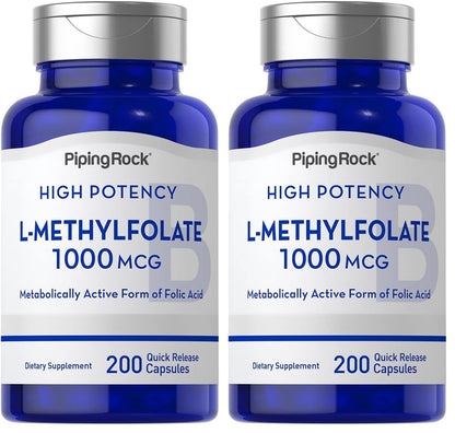 Piping Rock L-Methylfolate 1000 mcg – 200 Capsules (Pack of 2) | Active Folate, Non-GMO, Gluten Free
