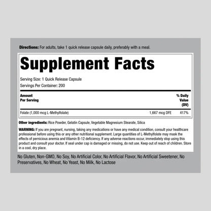 Piping Rock L-Methylfolate 1000 mcg – 200 Capsules (Pack of 2) | Active Folate, Non-GMO, Gluten Free