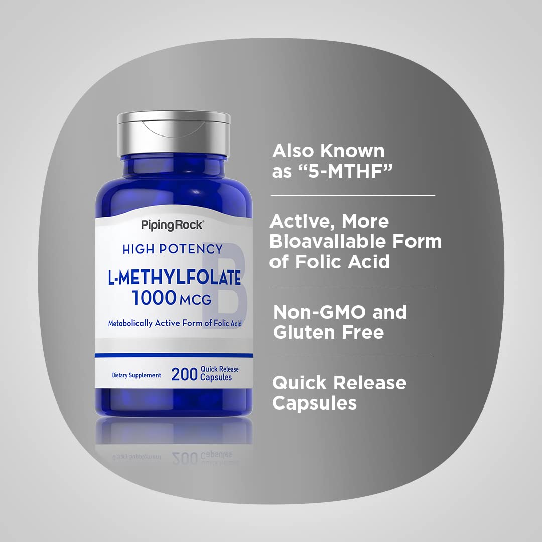 Piping Rock L-Methylfolate 1000 mcg – 200 Capsules (Pack of 2) | Active Folate, Non-GMO, Gluten Free