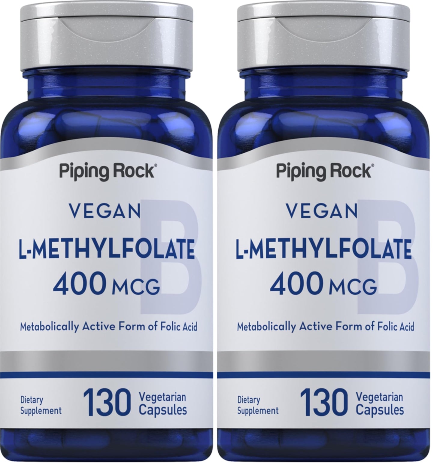 Piping Rock L-MethylFolate Supplement | 400 mcg | 130 Capsules | Pack of 2 | Vegetarian, Vegan | Non-GMO, Gluten Free