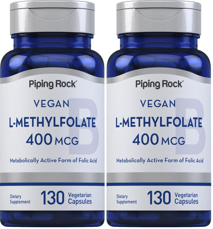 Piping Rock L-MethylFolate Supplement | 400 mcg | 130 Capsules | Pack of 2 | Vegetarian, Vegan | Non-GMO, Gluten Free