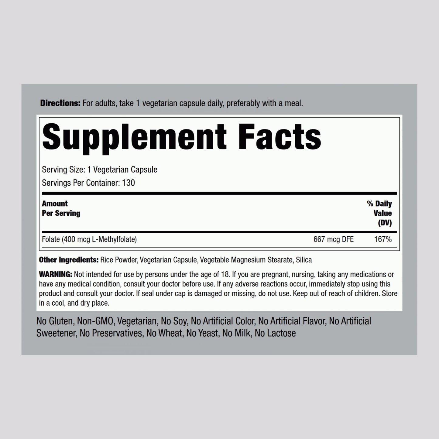 Piping Rock L-MethylFolate Supplement | 400 mcg | 130 Capsules | Pack of 2 | Vegetarian, Vegan | Non-GMO, Gluten Free