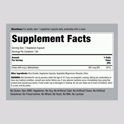 Piping Rock L-MethylFolate Supplement | 400 mcg | 130 Capsules | Pack of 2 | Vegetarian, Vegan | Non-GMO, Gluten Free