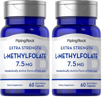 Piping Rock L-Methylfolate 7.5 mg | 60 Capsules | Extra Strength | Active Folic Acid | Non-GMO Gluten Free (Pack of 2)