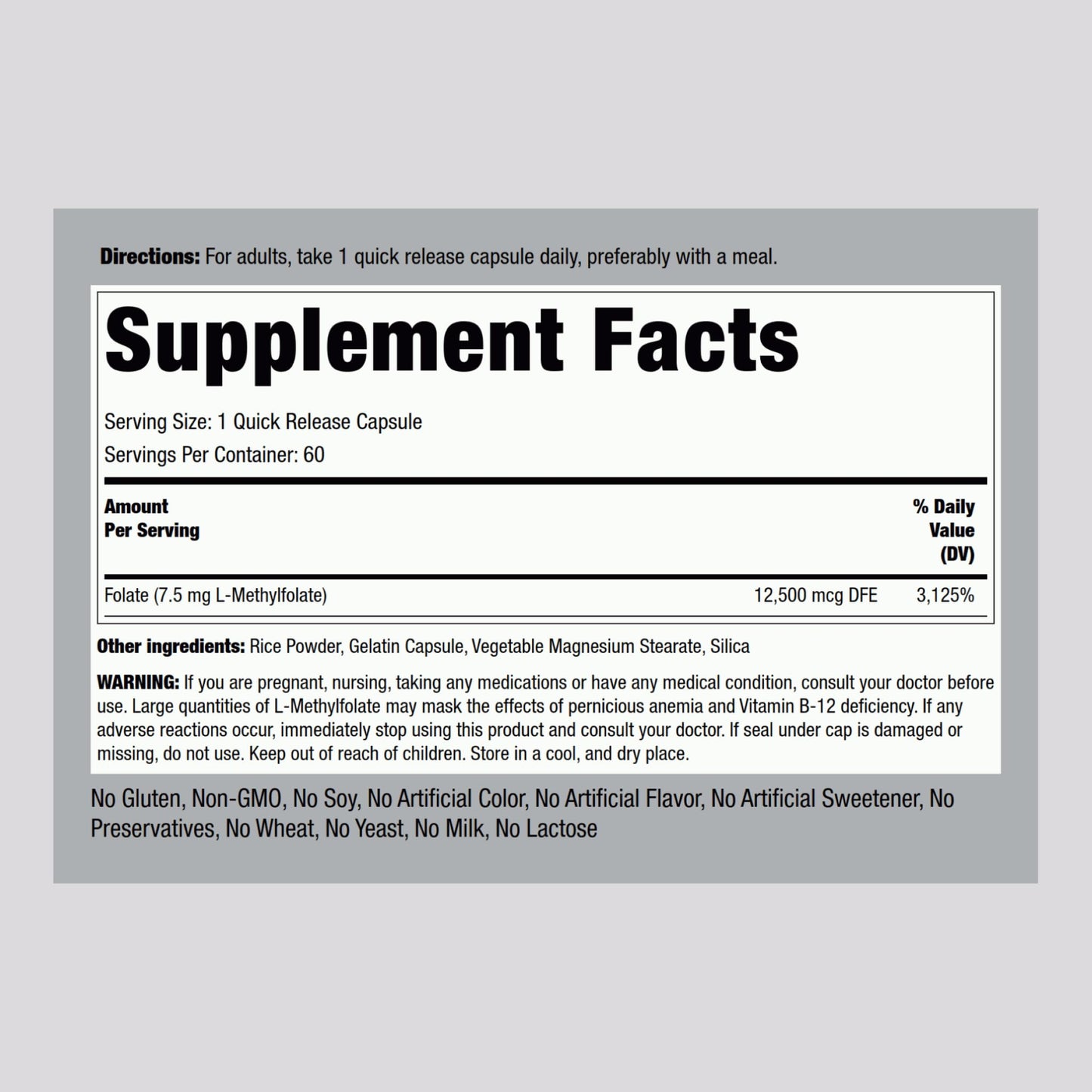 Piping Rock L-Methylfolate 7.5 mg | 60 Capsules | Extra Strength | Active Folic Acid | Non-GMO Gluten Free (Pack of 2)
