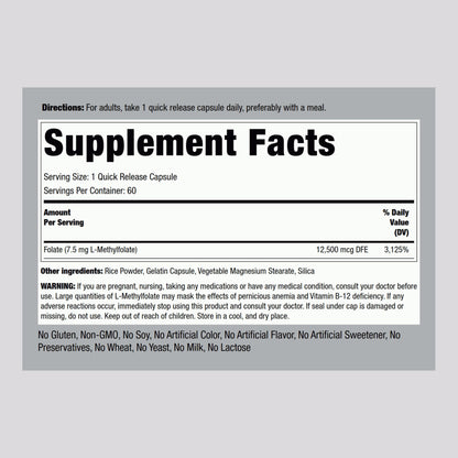 Piping Rock L-Methylfolate 7.5 mg | 60 Capsules | Extra Strength | Active Folic Acid | Non-GMO Gluten Free (Pack of 2)