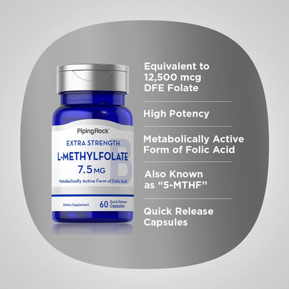 Piping Rock L-Methylfolate 7.5 mg | 60 Capsules | Extra Strength | Active Folic Acid | Non-GMO Gluten Free (Pack of 2)