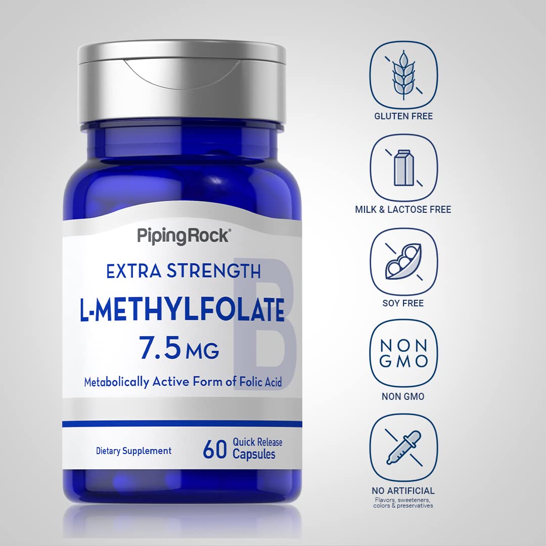 Piping Rock L-Methylfolate 7.5 mg | 60 Capsules | Extra Strength | Active Folic Acid | Non-GMO Gluten Free (Pack of 2)