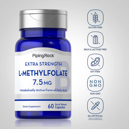 Piping Rock L-Methylfolate 7.5 mg | 60 Capsules | Extra Strength | Active Folic Acid | Non-GMO Gluten Free (Pack of 2)