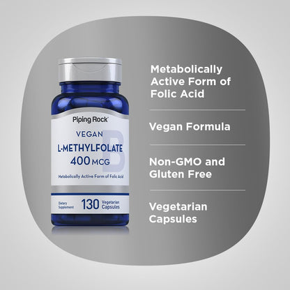 Piping Rock L-MethylFolate Supplement | 400 mcg | 130 Capsules | Pack of 2 | Vegetarian, Vegan | Non-GMO, Gluten Free