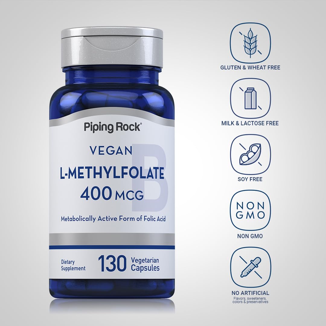 Piping Rock L-MethylFolate Supplement | 400 mcg | 130 Capsules | Pack of 2 | Vegetarian, Vegan | Non-GMO, Gluten Free