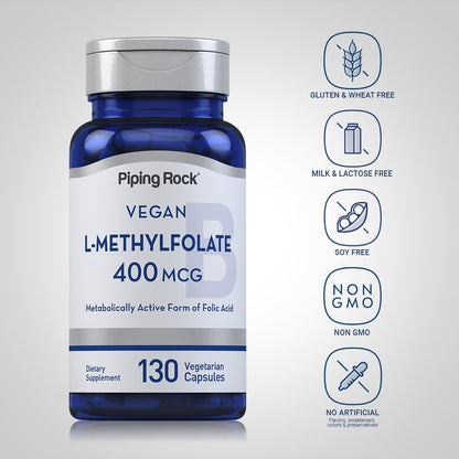 Piping Rock L-MethylFolate Supplement | 400 mcg | 130 Capsules | Pack of 2 | Vegetarian, Vegan | Non-GMO, Gluten Free