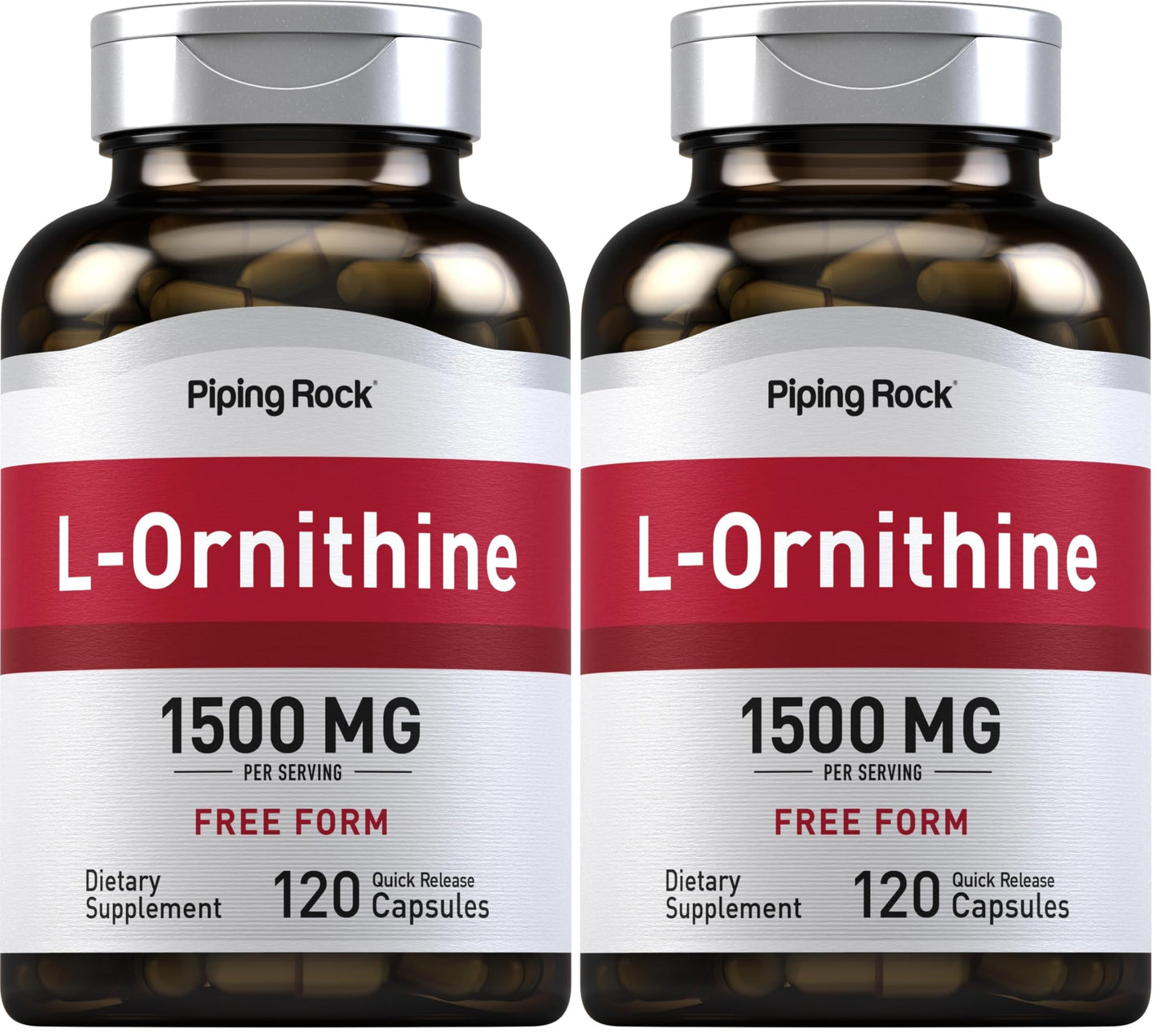 Piping Rock L-Ornithine Supplement 1500 mg – 120 Capsules | Free Form HCl | Non-GMO & Gluten Free (Pack of 2)