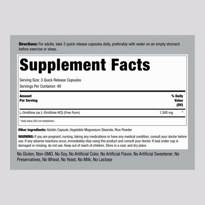 Piping Rock L-Ornithine Supplement 1500 mg – 120 Capsules | Free Form HCl | Non-GMO & Gluten Free (Pack of 2)