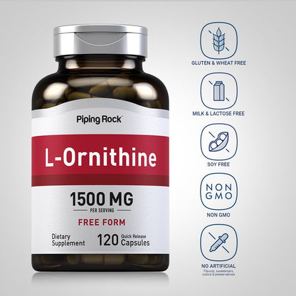 Piping Rock L-Ornithine Supplement 1500 mg – 120 Capsules | Free Form HCl | Non-GMO & Gluten Free (Pack of 2)