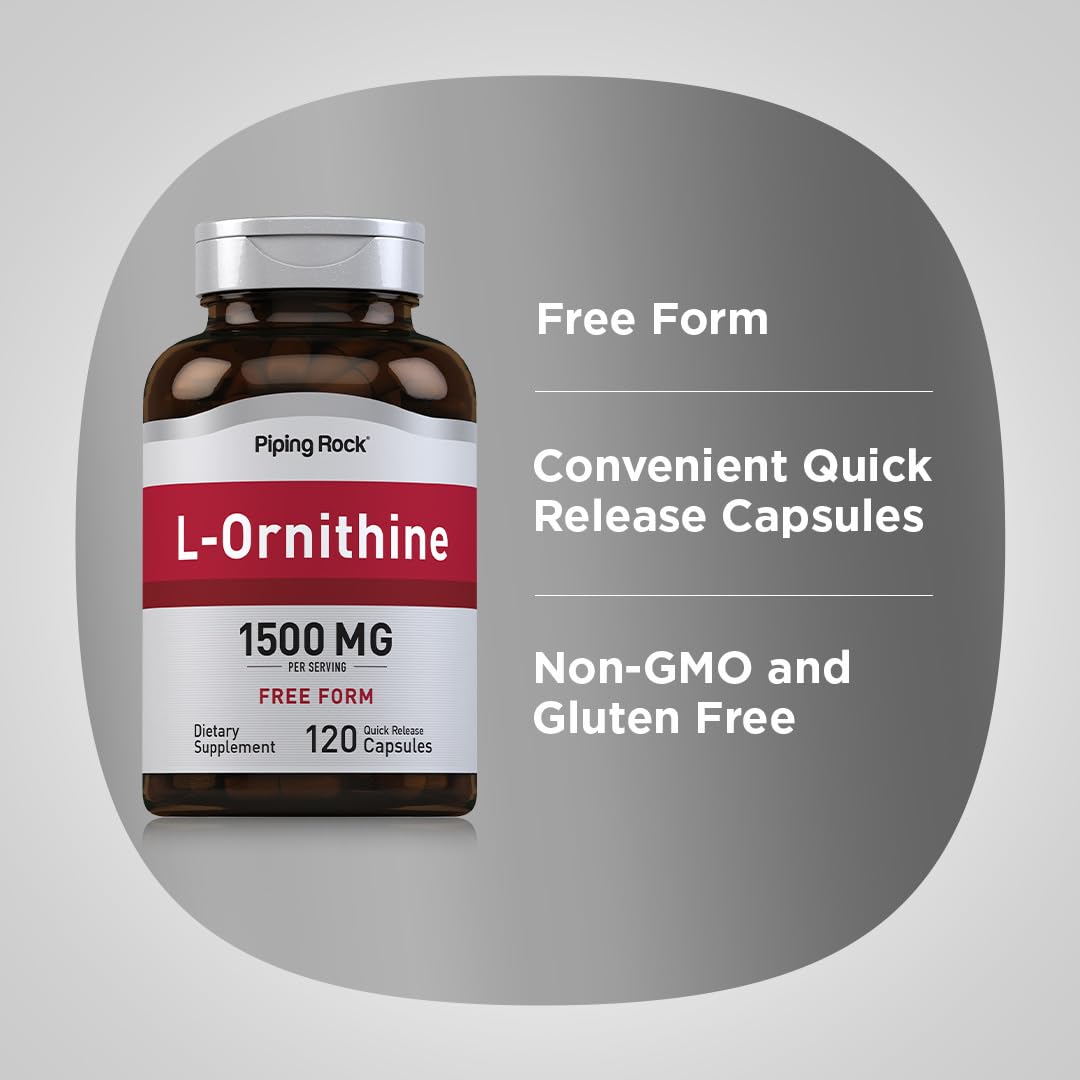 Piping Rock L-Ornithine Supplement 1500 mg – 120 Capsules | Free Form HCl | Non-GMO & Gluten Free (Pack of 2)