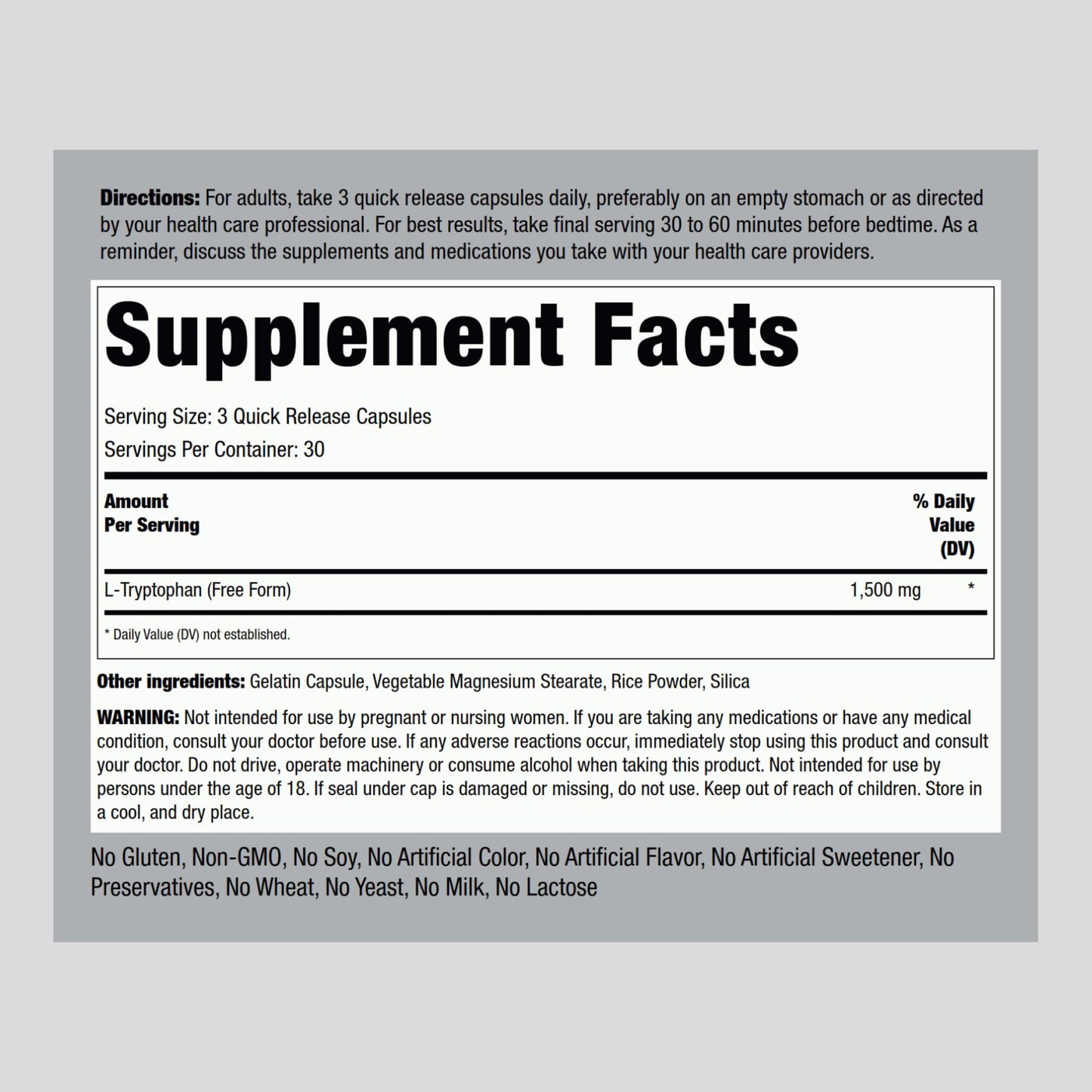 Piping Rock L-Tryptophan 1500mg | 90 Powder Capsules | Non-GMO, Gluten Free