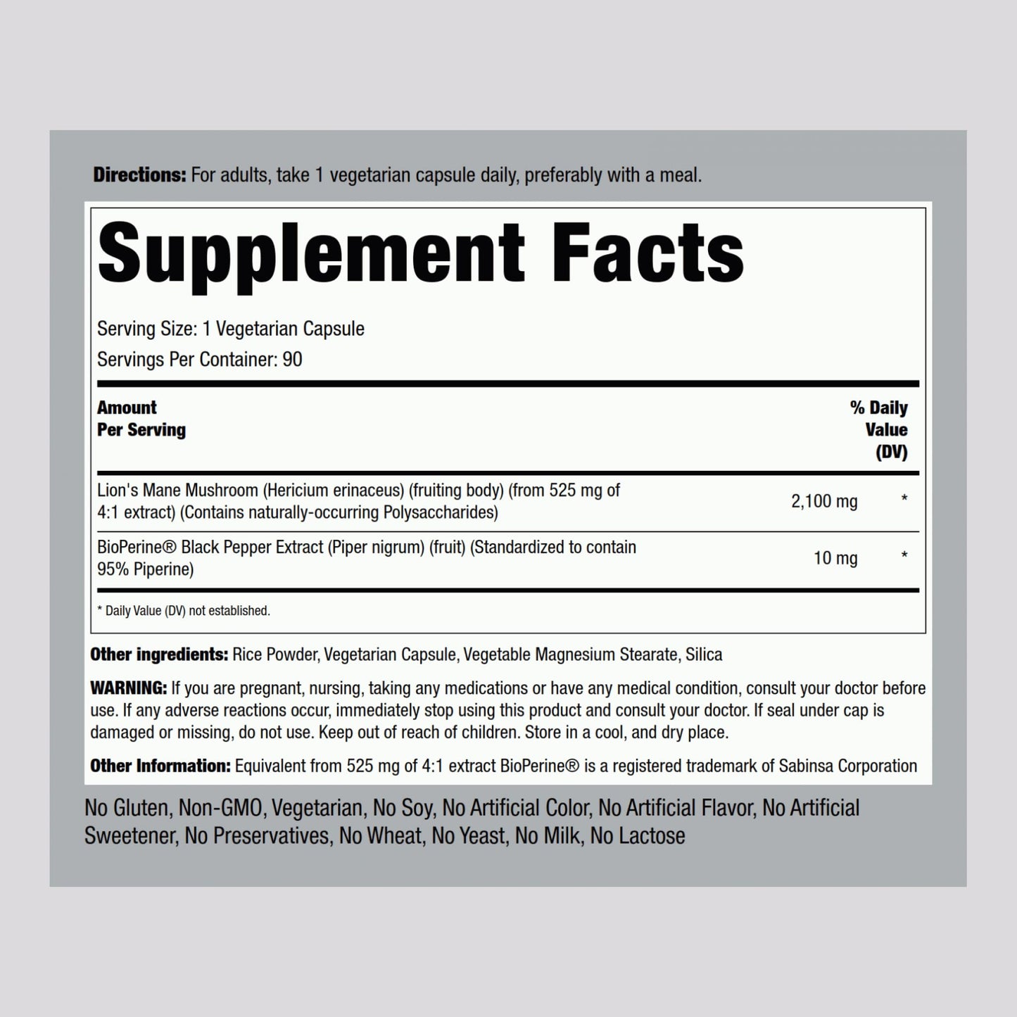 Piping Rock Lions Mane 2100mg Capsules | 90 Count | Vegan, Non-GMO, Gluten Free