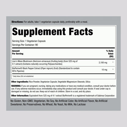Piping Rock Lions Mane 2100mg Capsules | 90 Count | Vegan, Non-GMO, Gluten Free