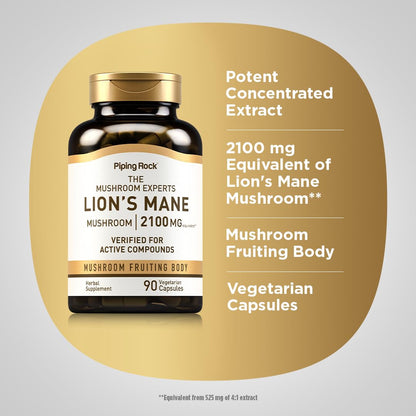 Piping Rock Lions Mane 2100mg Capsules | 90 Count | Vegan, Non-GMO, Gluten Free