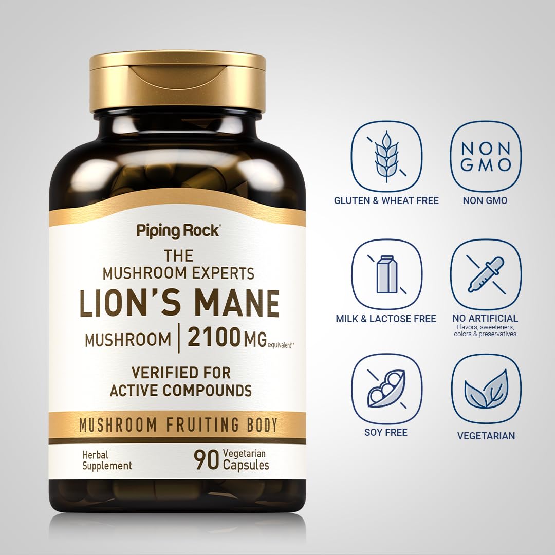 Piping Rock Lions Mane 2100mg Capsules | 90 Count | Vegan, Non-GMO, Gluten Free