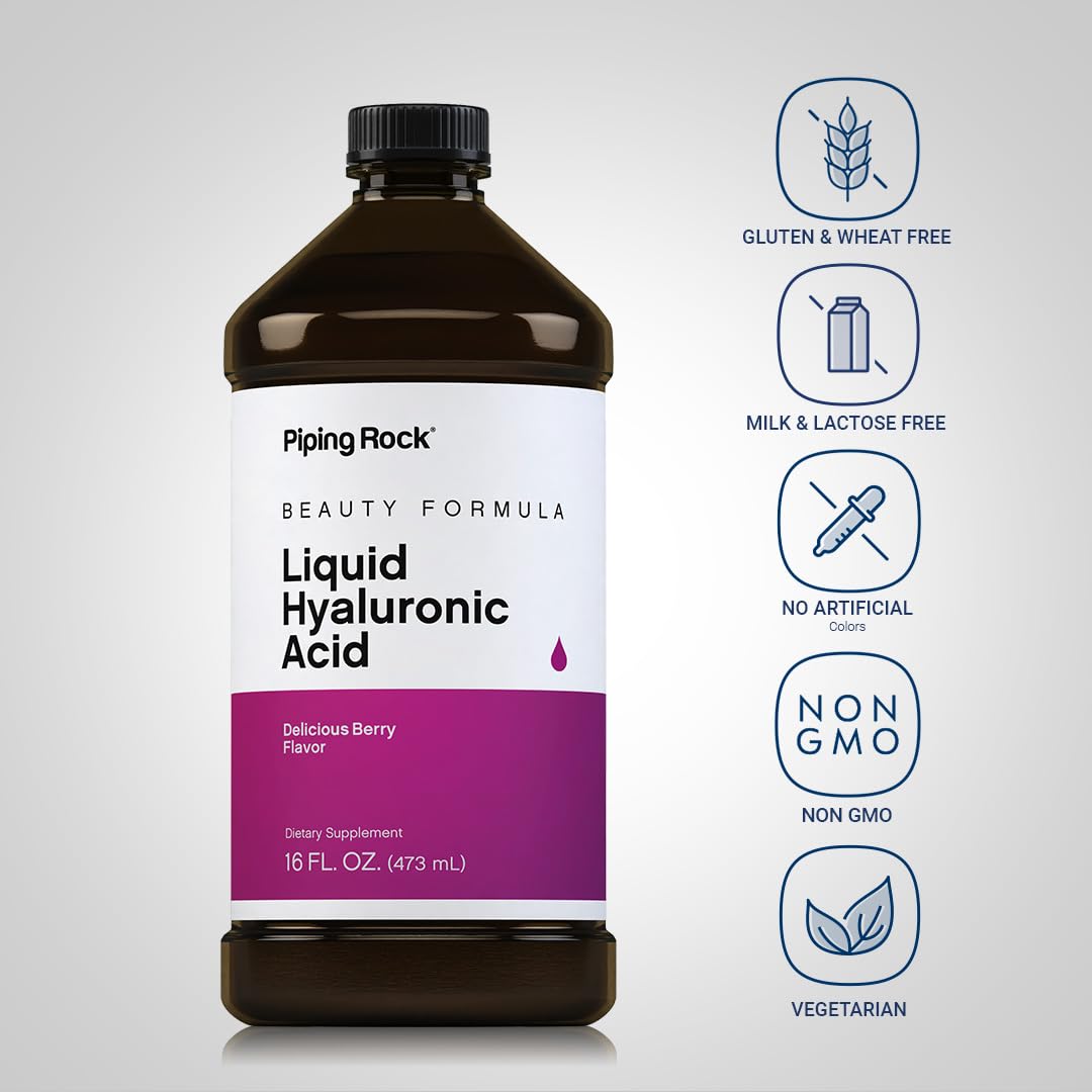 Piping Rock Liquid Hyaluronic Acid Supplement – 100mg, 16 fl oz | Natural Berry Flavor | Vegetarian, Non-GMO, Gluten Free